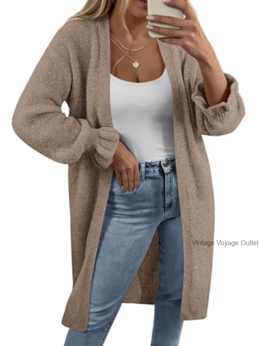 KIRUNDO Oversized Open Front Long Cardigan Sweater with Lantern Sleeves